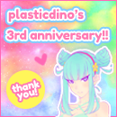 square banner with the words plastic dinos 3rd anniversary